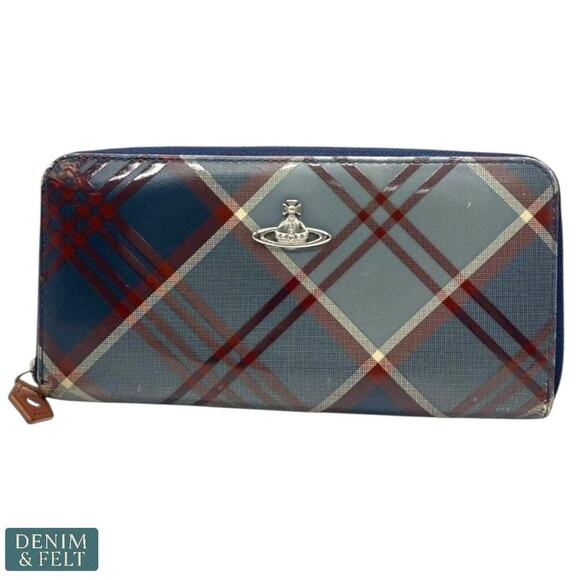 Vivienne Westwood Blue/Red Plaid Zip Around Wallet Orb Logo Long Bifold Purse - Picture 1 of 14
